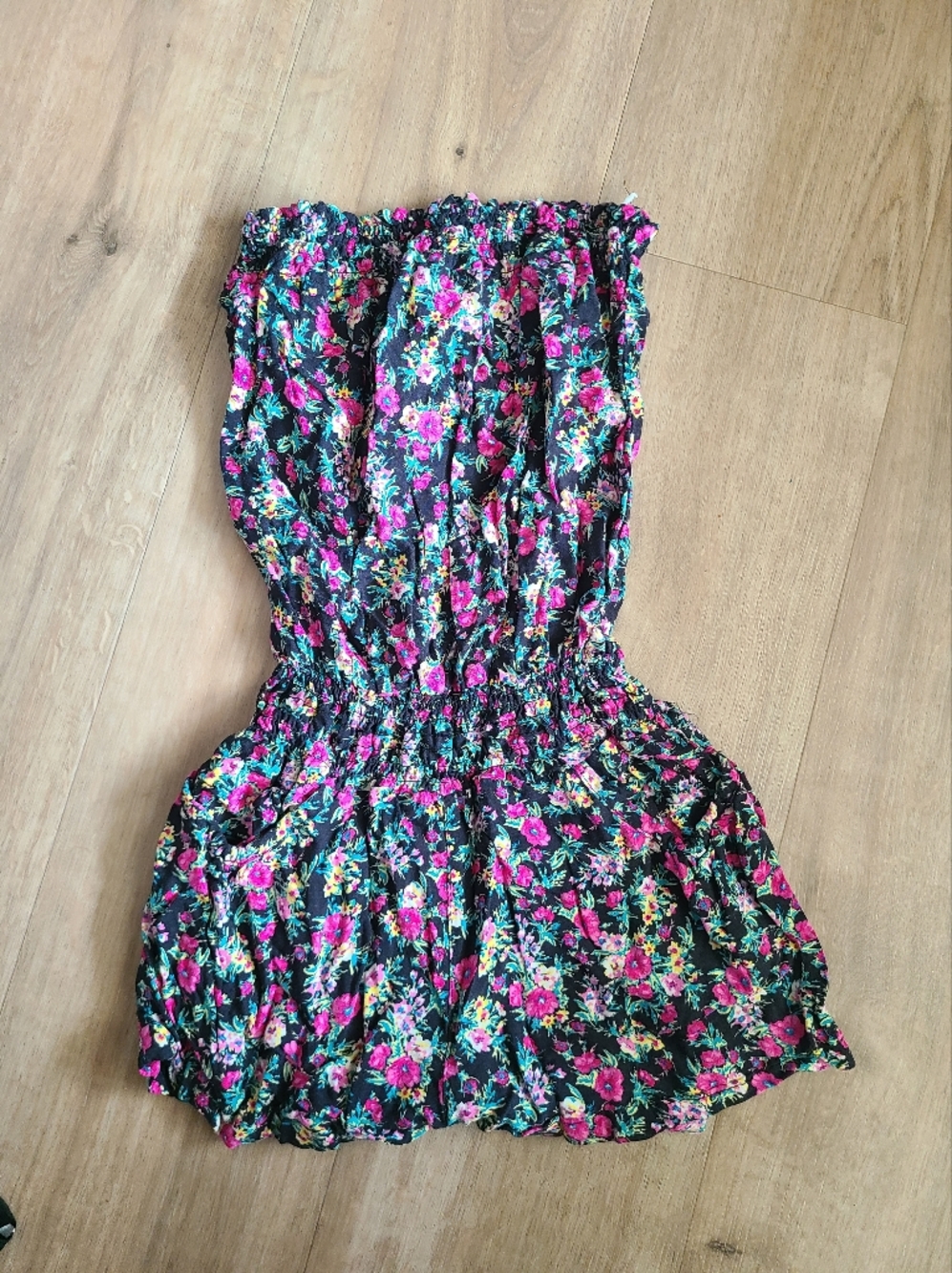 Floral Black Strapless Romper with Pink Flowers With Pockets